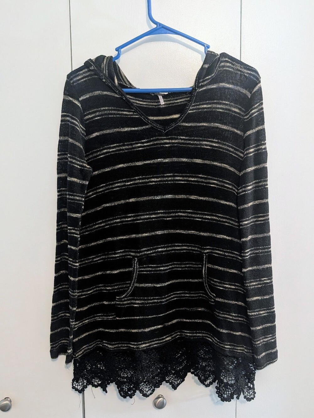 Poof Black and Off White Striped Lace-Hem Lightweight V-neck Hoodie